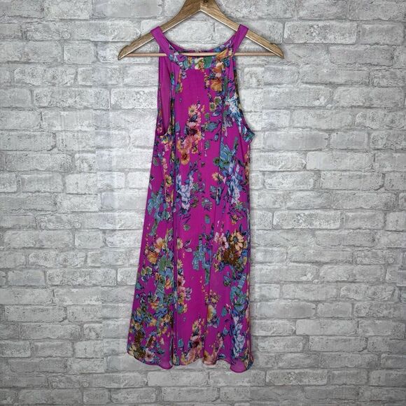 Betsey Johnson Halter Dress Womens‎ Size 8 Pink Floral Chiffon Shift Flowy - Picture 1 of 11